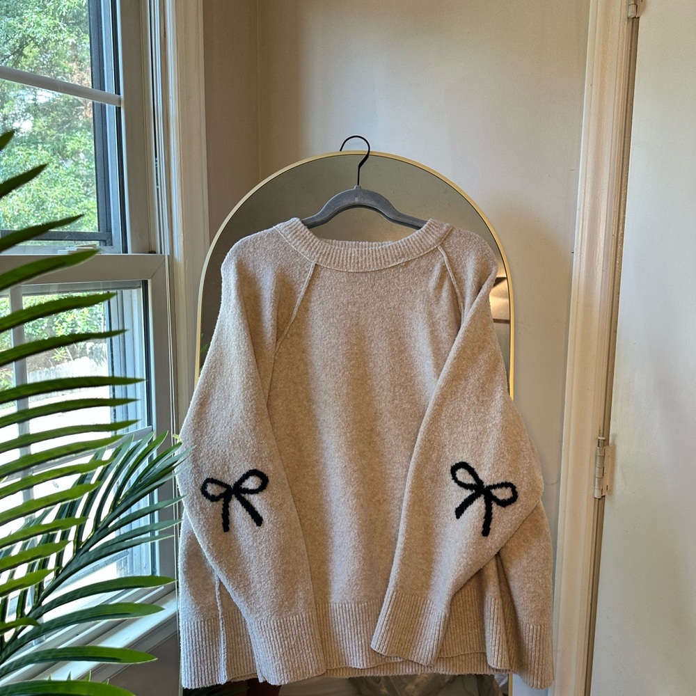 Aerie Beige Sweater with Black Bow Details